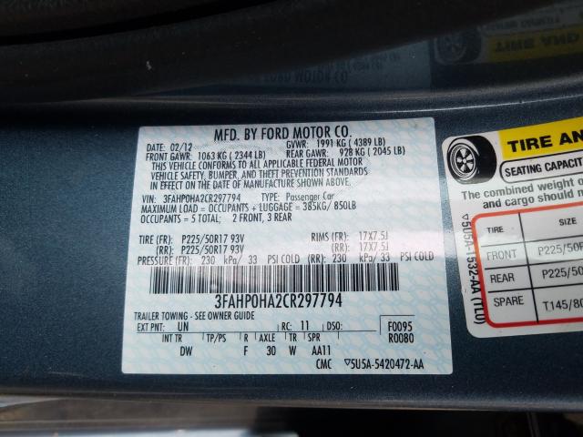 Photo 9 VIN: 3FAHP0HA2CR297794 - FORD FUSION SE 