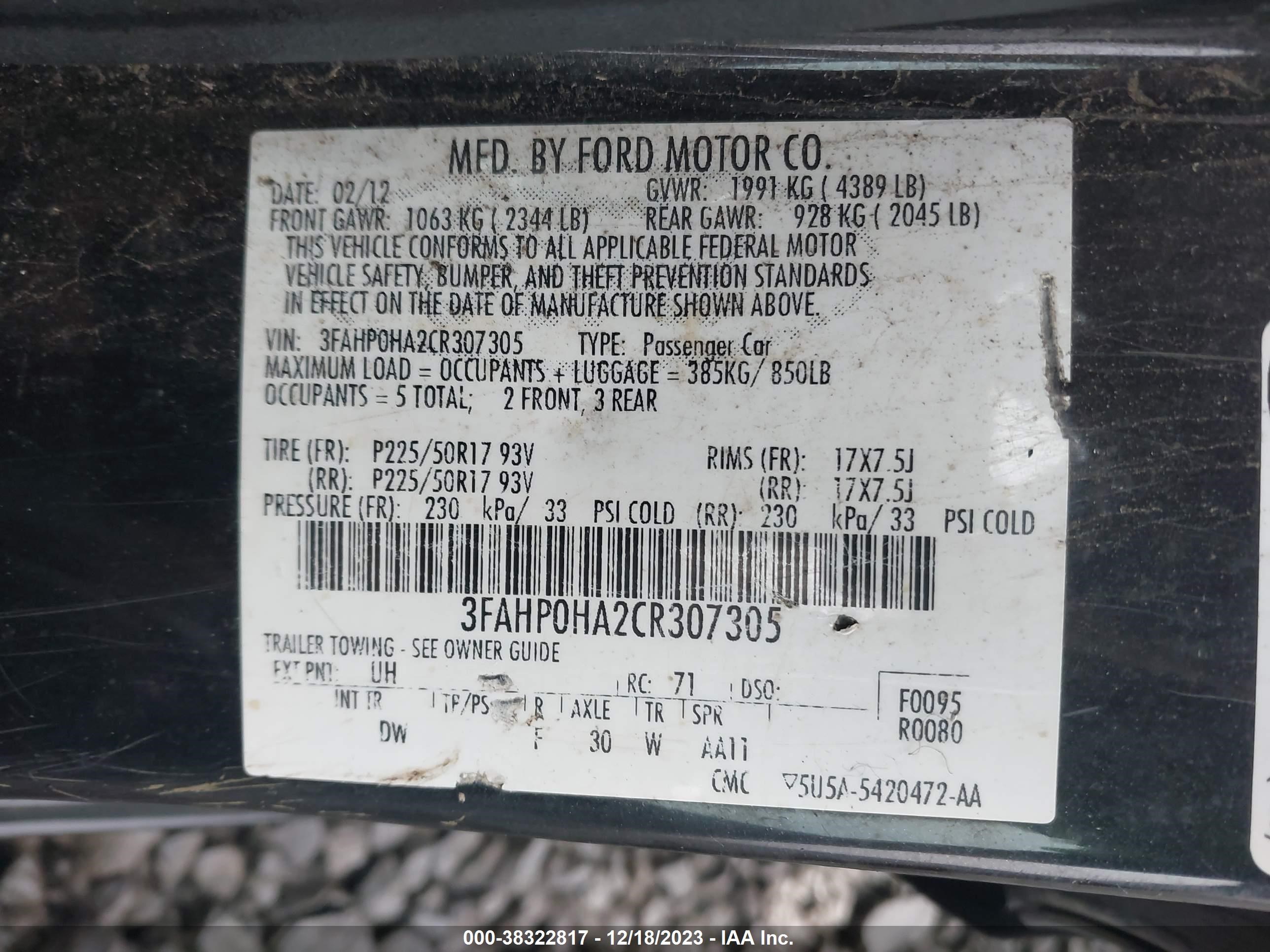 Photo 8 VIN: 3FAHP0HA2CR307305 - FORD FUSION 