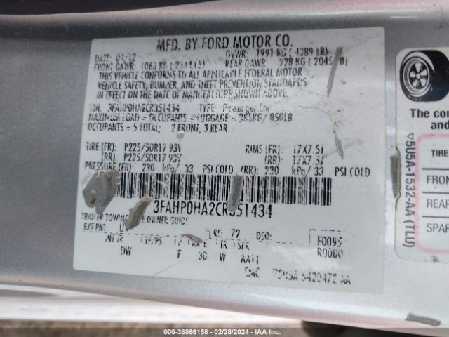 Photo 8 VIN: 3FAHP0HA2CR351434 - FORD FUSION 