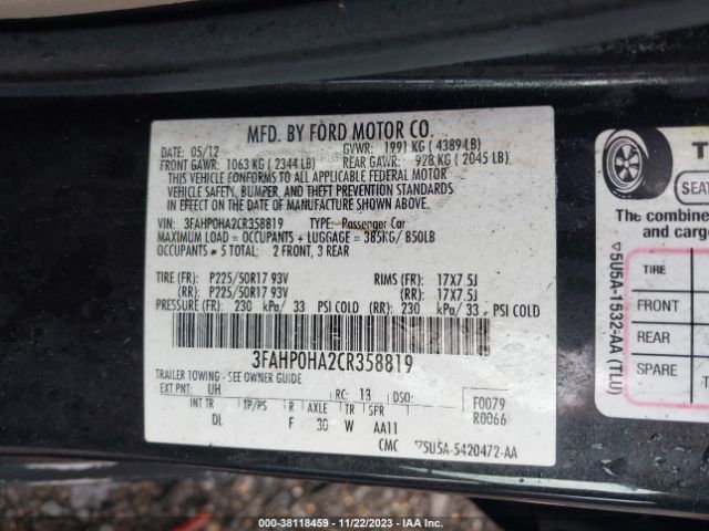 Photo 8 VIN: 3FAHP0HA2CR358819 - FORD FUSION 