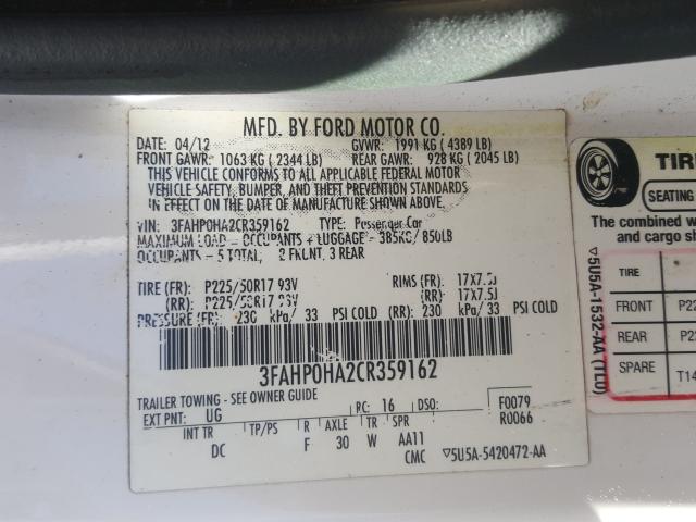 Photo 9 VIN: 3FAHP0HA2CR359162 - FORD FUSION SE 