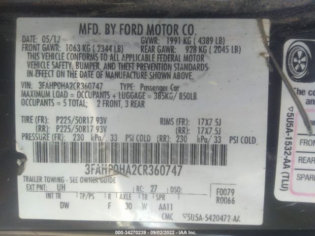 Photo 8 VIN: 3FAHP0HA2CR360747 - FORD FUSION 