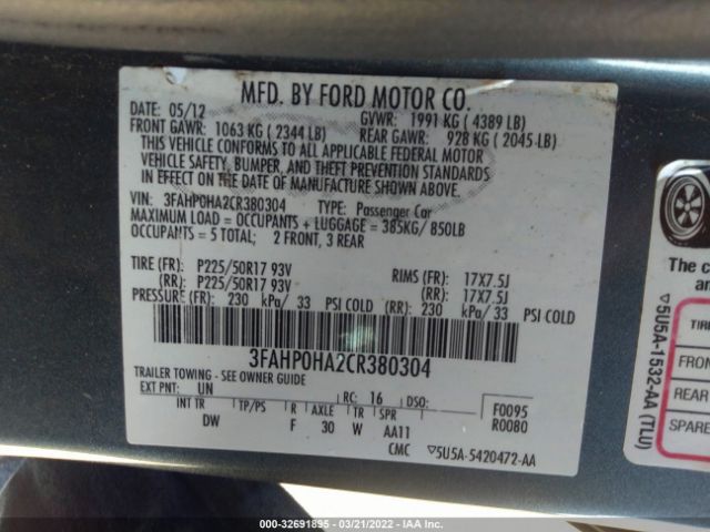 Photo 8 VIN: 3FAHP0HA2CR380304 - FORD FUSION 