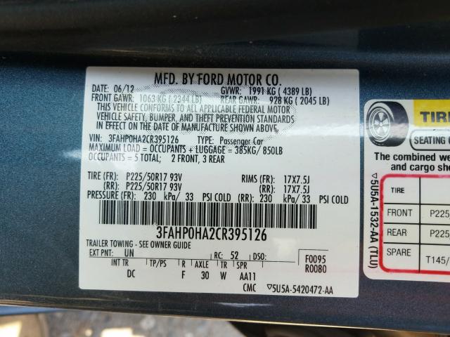 Photo 9 VIN: 3FAHP0HA2CR395126 - FORD FUSION SE 