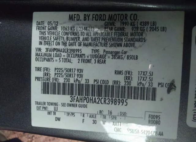 Photo 8 VIN: 3FAHP0HA2CR398995 - FORD FUSION 