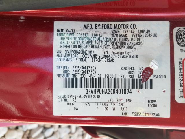 Photo 9 VIN: 3FAHP0HA2CR401894 - FORD FUSION SE 