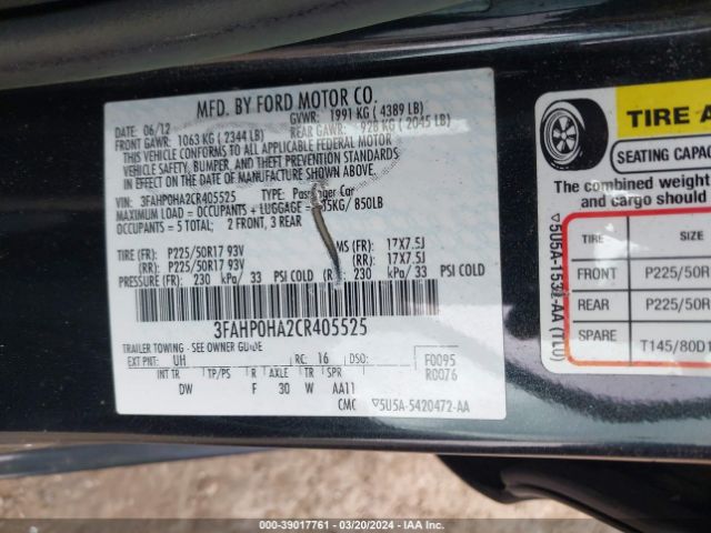 Photo 8 VIN: 3FAHP0HA2CR405525 - FORD FUSION 