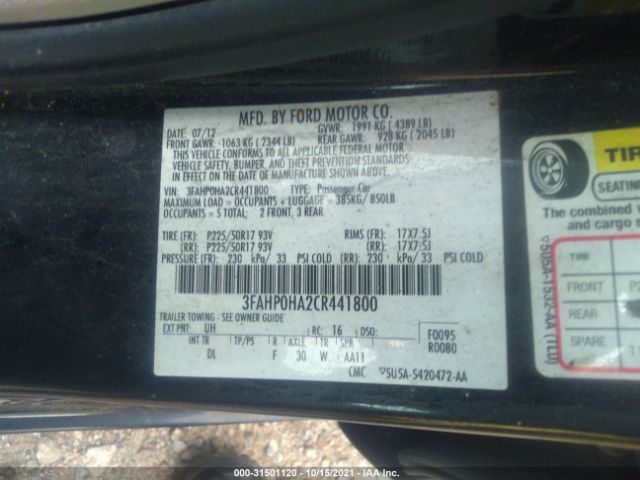 Photo 8 VIN: 3FAHP0HA2CR441800 - FORD FUSION 