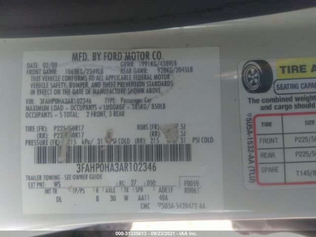 Photo 8 VIN: 3FAHP0HA3AR102346 - FORD FUSION 