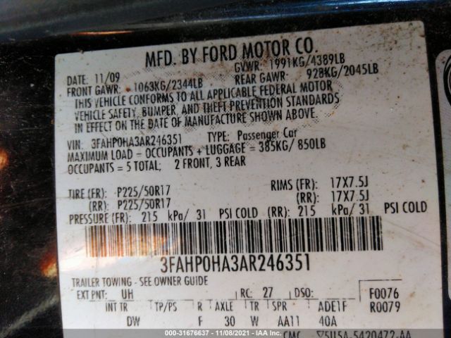 Photo 8 VIN: 3FAHP0HA3AR246351 - FORD FUSION 