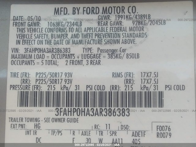 Photo 8 VIN: 3FAHP0HA3AR386383 - FORD FUSION 