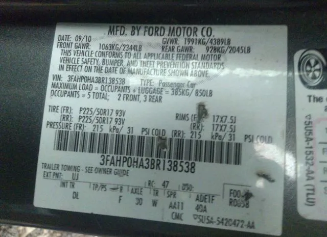 Photo 8 VIN: 3FAHP0HA3BR138538 - FORD FUSION 