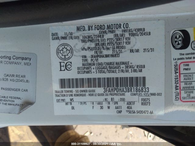 Photo 8 VIN: 3FAHP0HA3BR186833 - FORD FUSION 