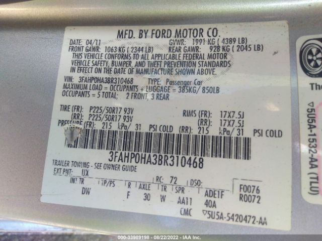 Photo 8 VIN: 3FAHP0HA3BR310468 - FORD FUSION 