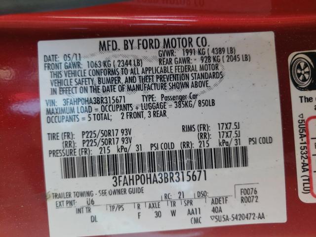 Photo 9 VIN: 3FAHP0HA3BR315671 - FORD FUSION SE 