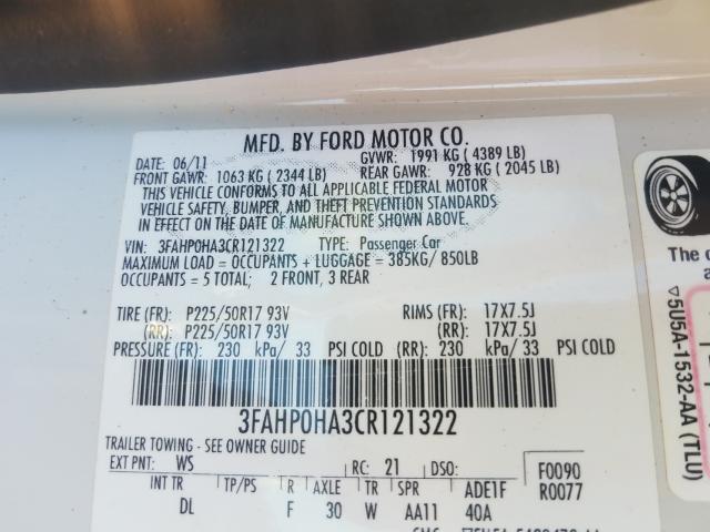 Photo 9 VIN: 3FAHP0HA3CR121322 - FORD FUSION SE 