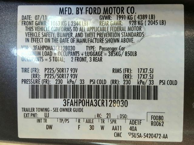 Photo 9 VIN: 3FAHP0HA3CR128030 - FORD FUSION SE 