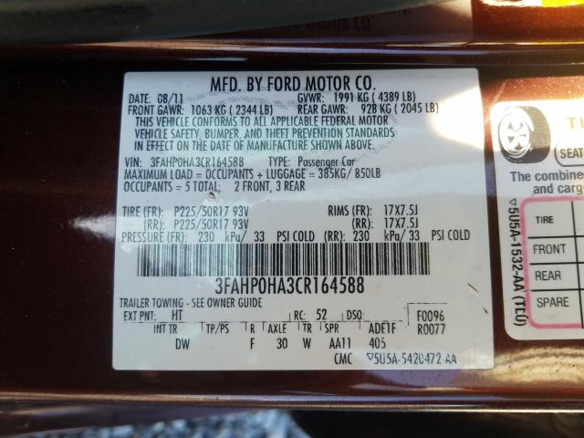 Photo 9 VIN: 3FAHP0HA3CR164588 - FORD FUSION SE 