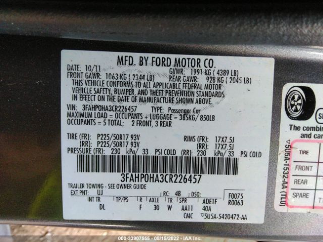 Photo 8 VIN: 3FAHP0HA3CR226457 - FORD FUSION 