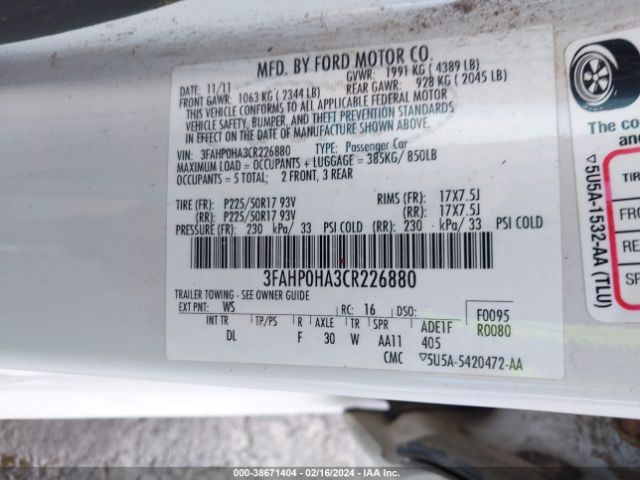 Photo 8 VIN: 3FAHP0HA3CR226880 - FORD FUSION SE 