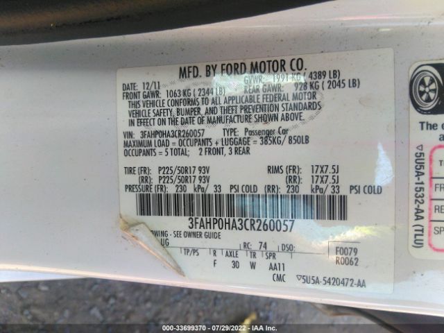 Photo 8 VIN: 3FAHP0HA3CR260057 - FORD FUSION 