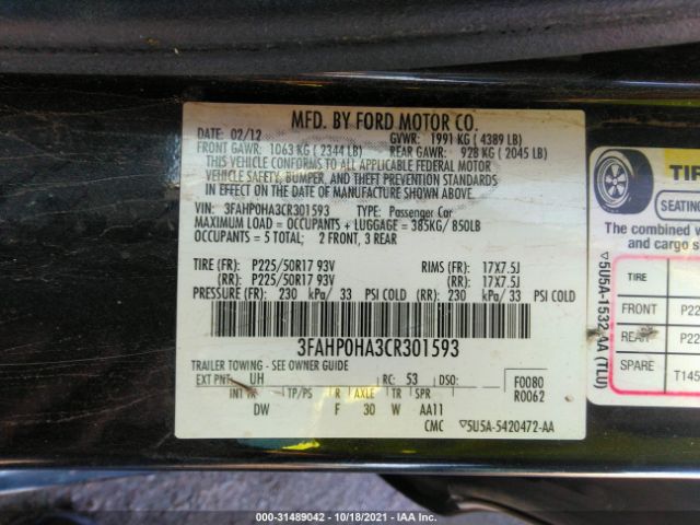 Photo 8 VIN: 3FAHP0HA3CR301593 - FORD FUSION 