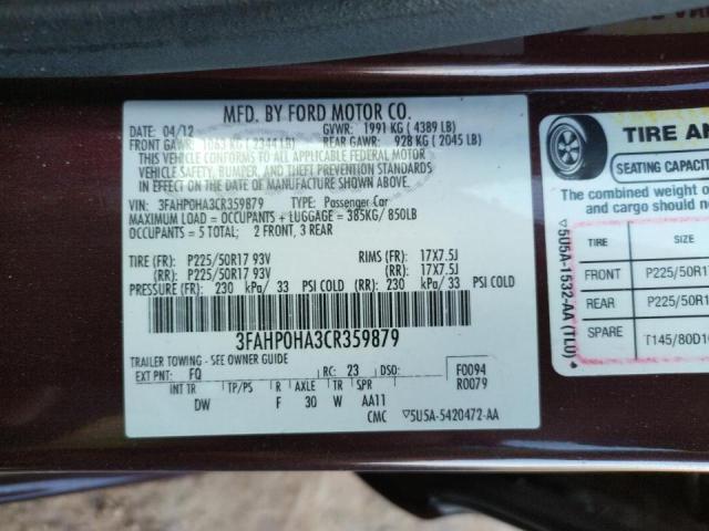 Photo 9 VIN: 3FAHP0HA3CR359879 - FORD FUSION SE 