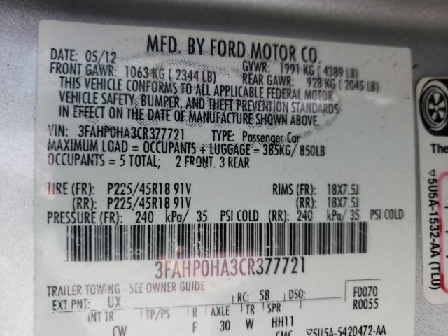 Photo 9 VIN: 3FAHP0HA3CR377721 - FORD FUSION SE 