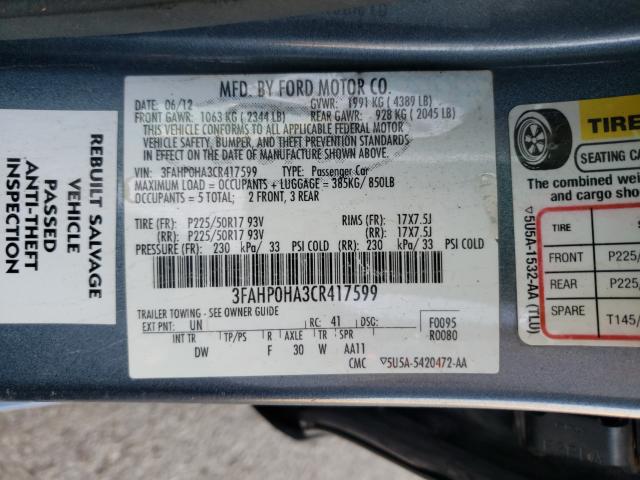 Photo 9 VIN: 3FAHP0HA3CR417599 - FORD FUSION SE 