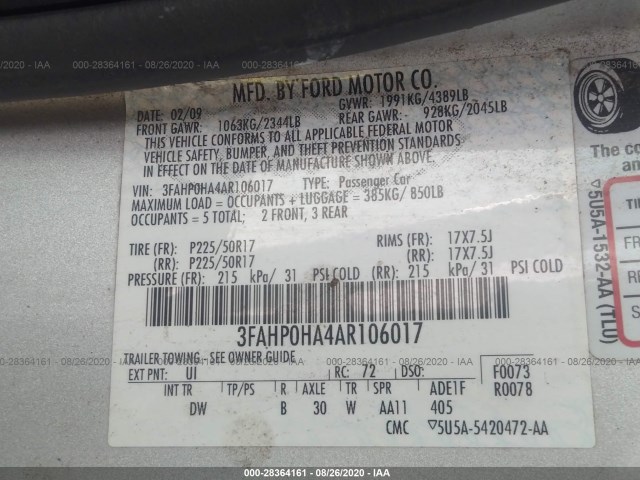 Photo 8 VIN: 3FAHP0HA4AR106017 - FORD FUSION 