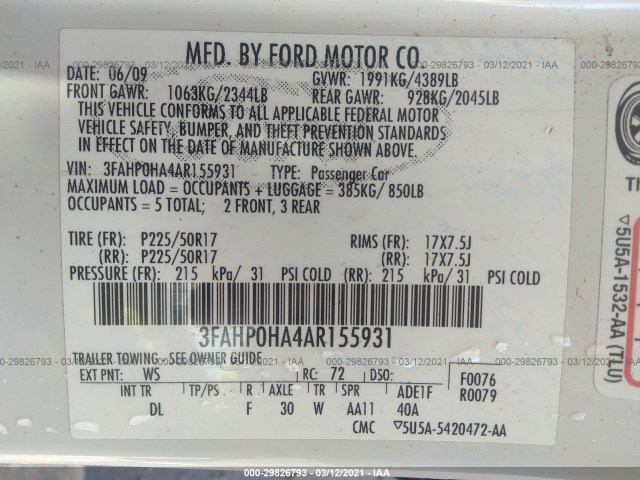 Photo 8 VIN: 3FAHP0HA4AR155931 - FORD FUSION 