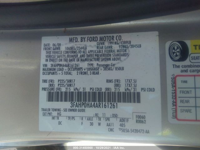 Photo 8 VIN: 3FAHP0HA4AR161261 - FORD FUSION 