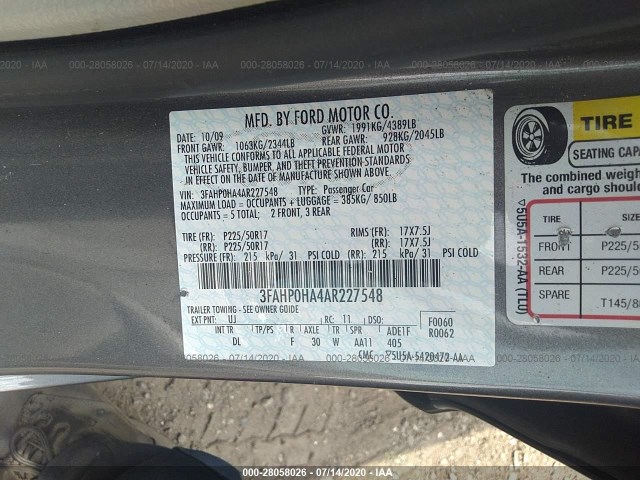 Photo 8 VIN: 3FAHP0HA4AR227548 - FORD FUSION 