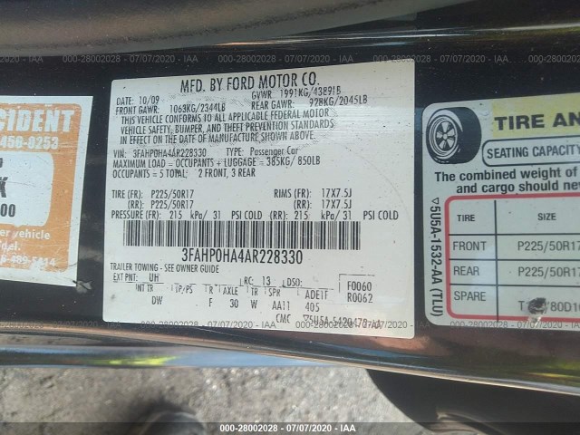 Photo 8 VIN: 3FAHP0HA4AR228330 - FORD FUSION 