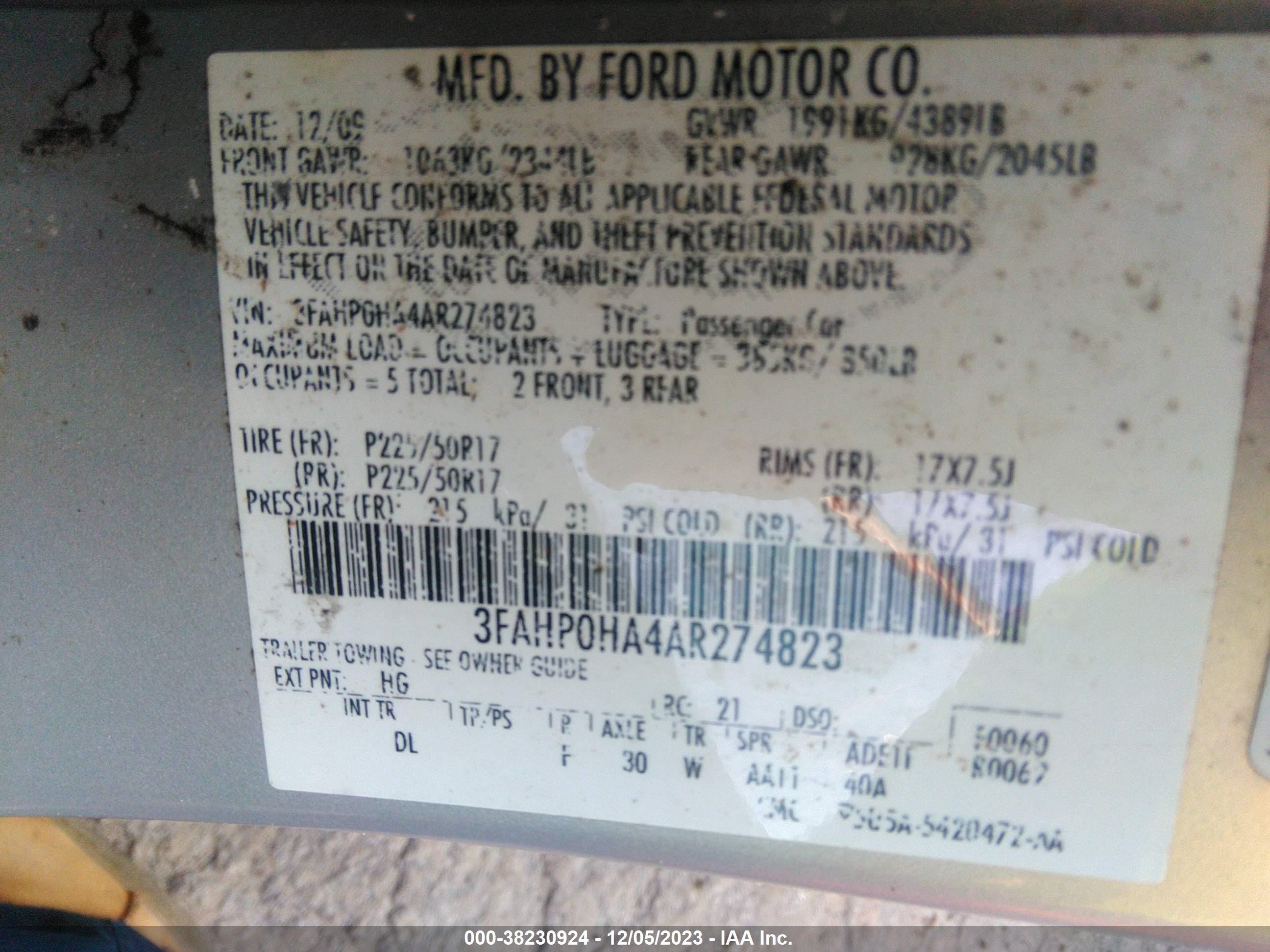 Photo 8 VIN: 3FAHP0HA4AR274823 - FORD FUSION 