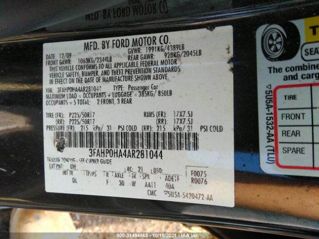 Photo 8 VIN: 3FAHP0HA4AR281044 - FORD FUSION 