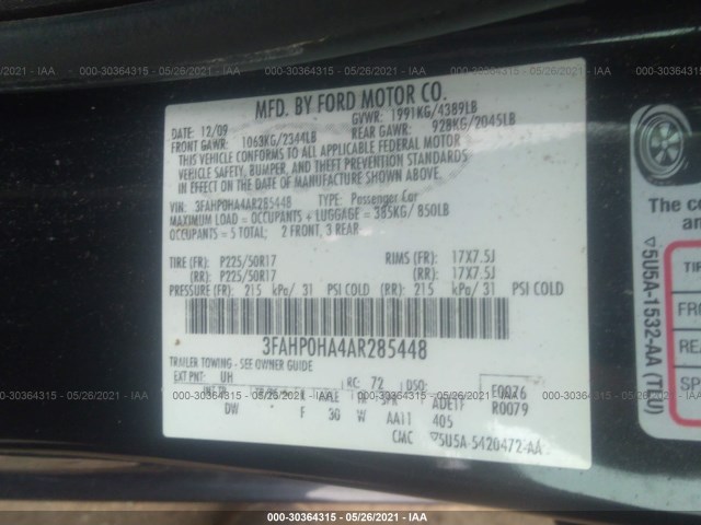 Photo 8 VIN: 3FAHP0HA4AR285448 - FORD FUSION 