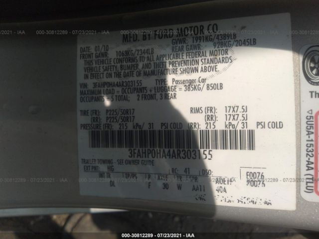 Photo 8 VIN: 3FAHP0HA4AR303155 - FORD FUSION 