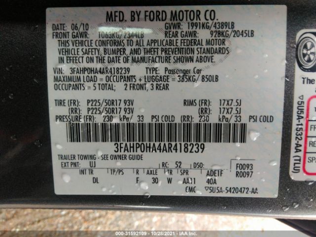 Photo 8 VIN: 3FAHP0HA4AR418239 - FORD FUSION 