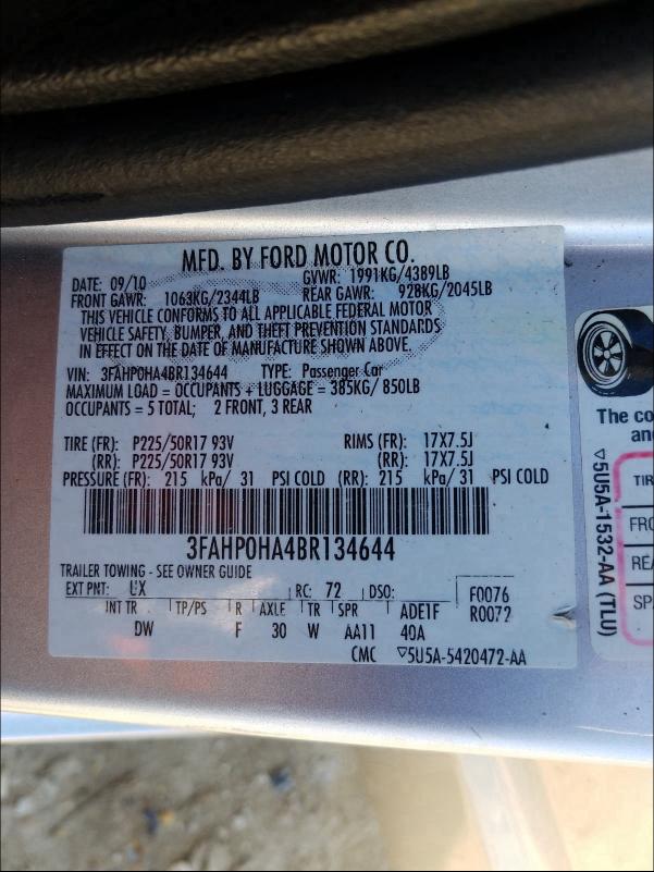 Photo 9 VIN: 3FAHP0HA4BR134644 - FORD FUSION SE 