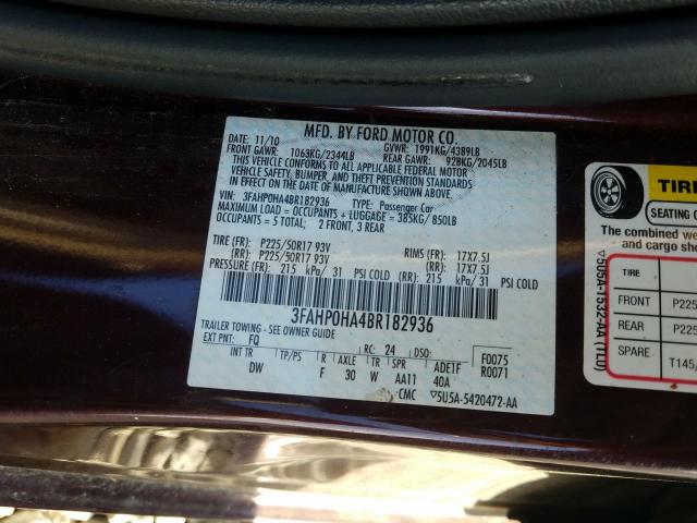 Photo 9 VIN: 3FAHP0HA4BR182936 - FORD FUSION SE 