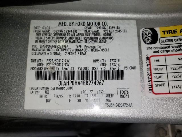 Photo 9 VIN: 3FAHP0HA4BR274967 - FORD FUSION SE 