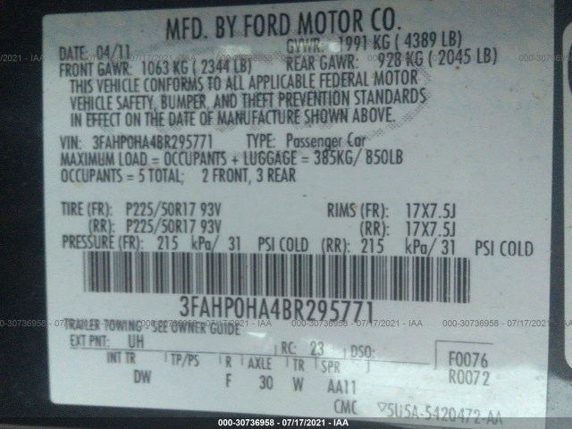 Photo 8 VIN: 3FAHP0HA4BR295771 - FORD FUSION 