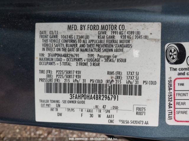 Photo 8 VIN: 3FAHP0HA4BR296791 - FORD FUSION 