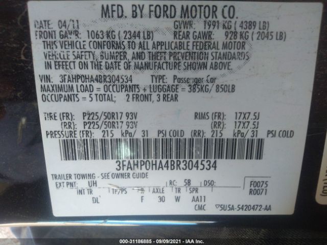 Photo 8 VIN: 3FAHP0HA4BR304534 - FORD FUSION 