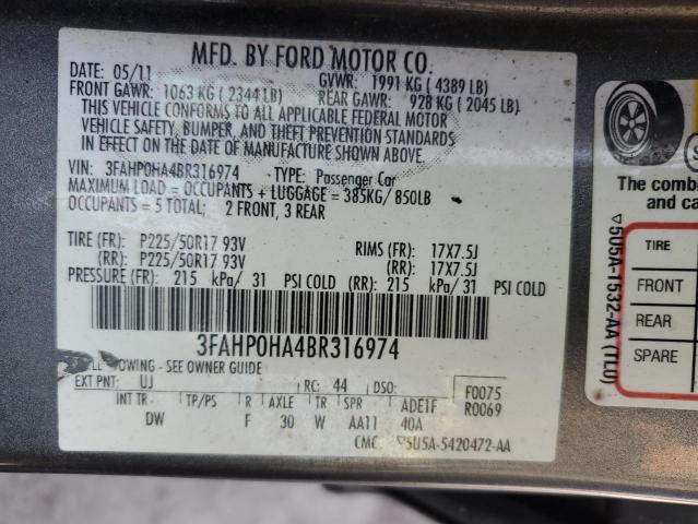 Photo 11 VIN: 3FAHP0HA4BR316974 - FORD FUSION 