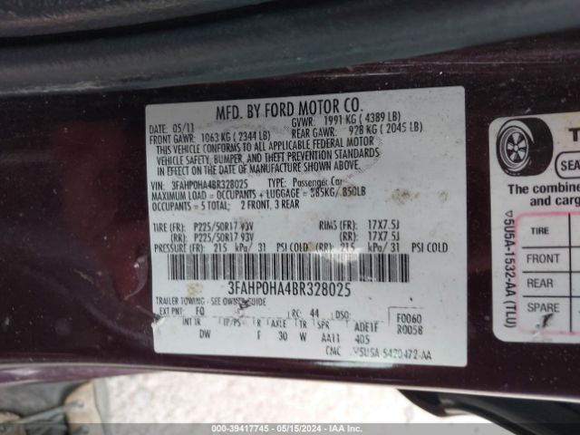 Photo 8 VIN: 3FAHP0HA4BR328025 - FORD FUSION 