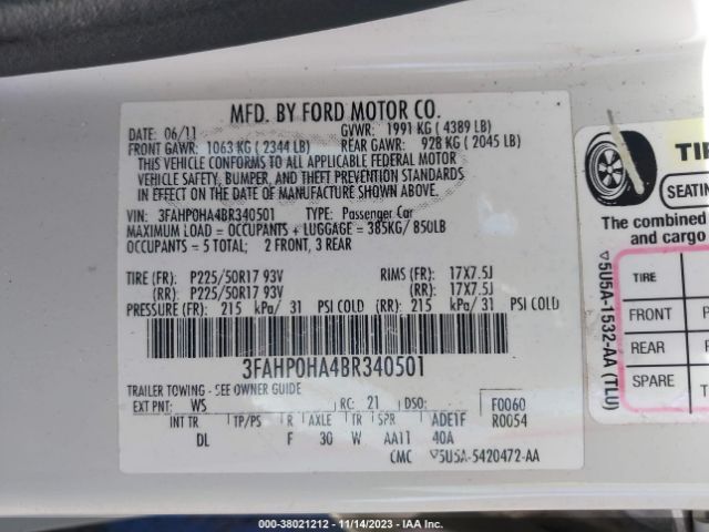 Photo 8 VIN: 3FAHP0HA4BR340501 - FORD FUSION 