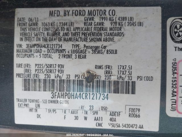 Photo 8 VIN: 3FAHP0HA4CR121734 - FORD FUSION 