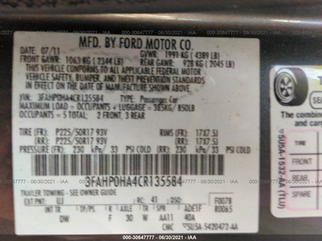 Photo 8 VIN: 3FAHP0HA4CR135584 - FORD FUSION 